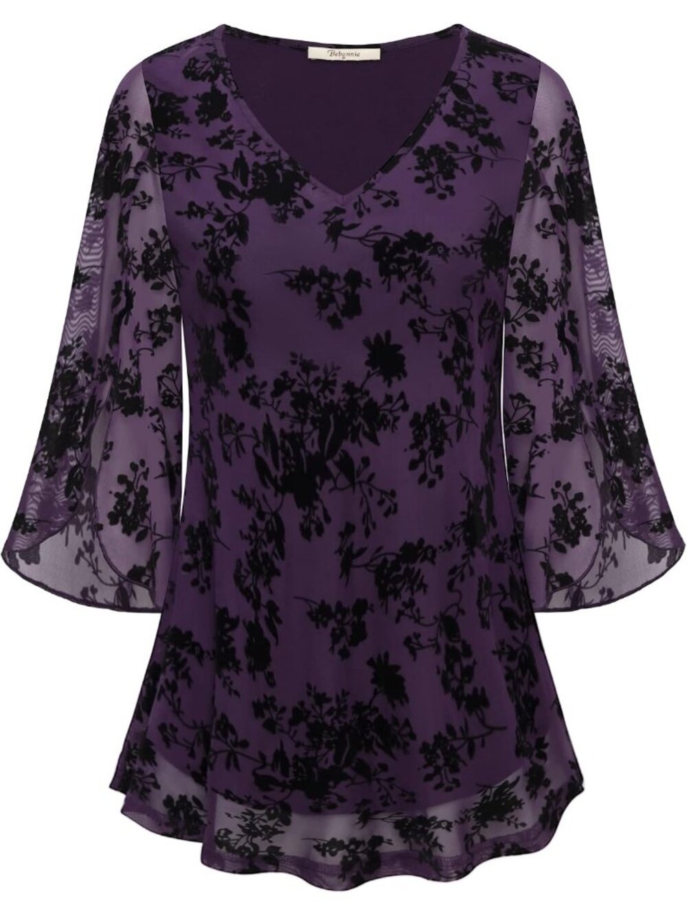〽️Womens Purple Ruffle 3/4 Sleeve V Neck Double Layer Mesh Loose Flowy Tunic Top
